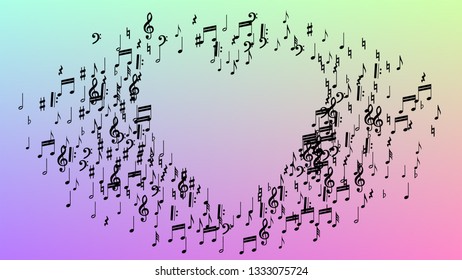 Disco Background. Many Random Falling Notes, Bass and, G Clef. Black Musical Notes Symbol Falling on Hologram Background. Disco Vector Template with Musical Symbols.