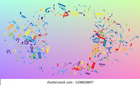 Disco Background. Many Random Falling Notes, Bass and, G Clef. Colorful Musical Notes Symbol Falling on Hologram Background. Disco Vector Template with Musical Symbols.