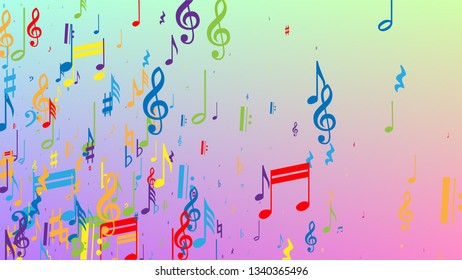 Disco Background. Many Random Falling Notes, Bass and, G Clef. Colorful Musical Notes Symbol Falling on Hologram Background. Disco Vector Template with Musical Symbols.