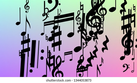 Disco Background. Many Random Falling Notes, Bass and, G Clef. Black Musical Notes Symbol Falling on Hologram Background. Disco Vector Template with Musical Symbols.