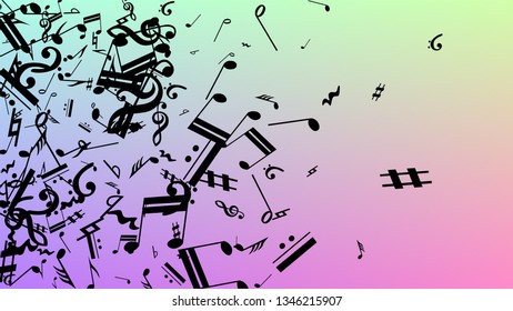 Disco Background. Many Random Falling Notes, Bass and, G Clef. Black Musical Notes Symbol Falling on Hologram Background. Disco Vector Template with Musical Symbols.