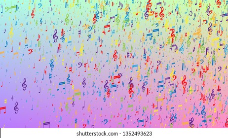 Disco Background. Many Random Falling Notes, Bass and, G Clef. Colorful Musical Notes Symbol Falling on Hologram Background. Disco Vector Template with Musical Symbols.