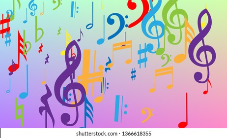 Disco Background. Many Random Falling Notes, Bass and, Treble Clef. Colorful Musical Notes Symbol Falling on Hologram Background. Disco Vector Template with Musical Symbols.
