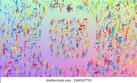 Disco Background. Many Random Falling Notes, Bass and, Treble Clef. Colorful Musical Notes Symbol Falling on Hologram Background. Disco Vector Template with Musical Symbols.