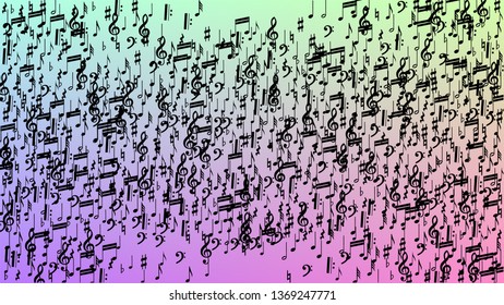 Disco Background. Many Random Falling Notes, Bass and, G Clef. Black Musical Notes Symbol Falling on Hologram Background. Disco Vector Template with Musical Symbols.