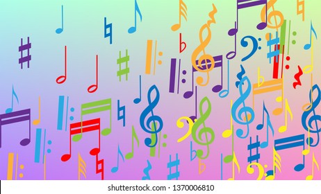 Disco Background. Many Random Falling Notes, Bass and, G Clef. Colorful Musical Notes Symbol Falling on Hologram Background. Disco Vector Template with Musical Symbols.