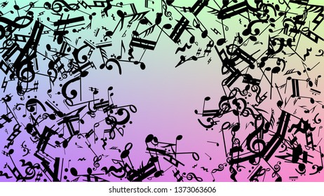 Disco Background. Many Random Falling Notes, Bass and, Treble Clef. Black Musical Notes Symbol Falling on Hologram Background. Disco Vector Template with Musical Symbols.