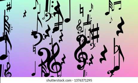 Disco Background. Many Random Falling Notes, Bass and, G Clef. Black Musical Notes Symbol Falling on Hologram Background. Disco Vector Template with Musical Symbols.