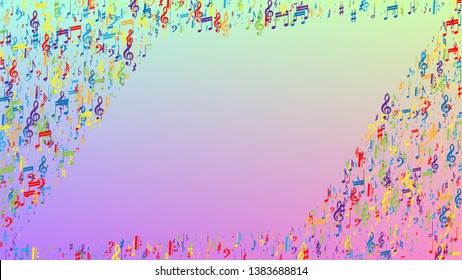 Disco Background. Many Random Falling Notes, Bass and, Treble Clef. Colorful Musical Notes Symbol Falling on Hologram Background. Disco Vector Template with Musical Symbols.