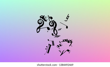 Disco Background. Many Random Falling Notes, Bass and, G Clef. Black Musical Notes Symbol Falling on Hologram Background. Disco Vector Template with Musical Symbols.