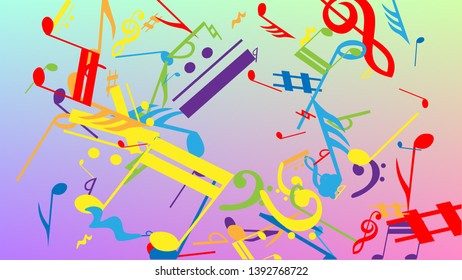 Disco Background. Many Random Falling Notes, Bass and, G Clef. Colorful Musical Notes Symbol Falling on Hologram Background. Disco Vector Template with Musical Symbols.