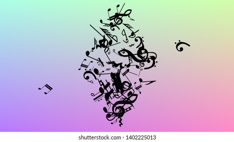 Disco Background. Many Random Falling Notes, Bass and, G Clef. Black Musical Notes Symbol Falling on Hologram Background. Disco Vector Template with Musical Symbols.