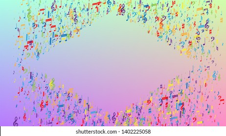 Disco Background. Many Random Falling Notes, Bass and, G Clef. Colorful Musical Notes Symbol Falling on Hologram Background. Disco Vector Template with Musical Symbols.
