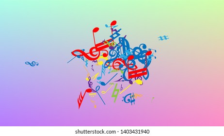 Disco Background. Many Random Falling Notes, Bass and, Treble Clef. Colorful Musical Notes Symbol Falling on Hologram Background. Disco Vector Template with Musical Symbols.