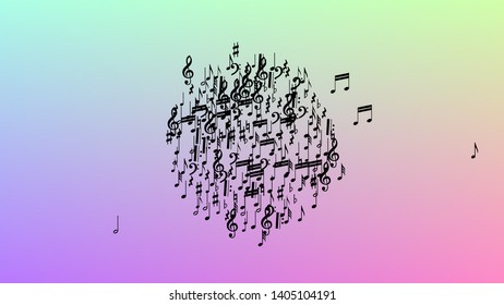 Disco Background. Many Random Falling Notes, Bass and, Treble Clef. Black Musical Notes Symbol Falling on Hologram Background. Disco Vector Template with Musical Symbols.
