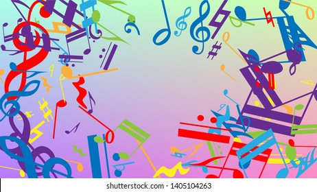 Disco Background. Many Random Falling Notes, Bass and, G Clef. Colorful Musical Notes Symbol Falling on Hologram Background. Disco Vector Template with Musical Symbols.