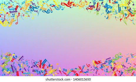 Disco Background. Many Random Falling Notes, Bass and, Treble Clef. Colorful Musical Notes Symbol Falling on Hologram Background. Disco Vector Template with Musical Symbols.