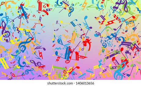 Disco Background. Many Random Falling Notes, Bass and, G Clef. Colorful Musical Notes Symbol Falling on Hologram Background. Disco Vector Template with Musical Symbols.