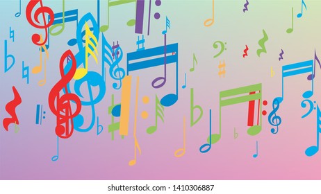 Disco Background. Many Random Falling Notes, Bass and, G Clef. Colorful Musical Notes Symbol Falling on Hologram Background. Disco Vector Template with Musical Symbols.