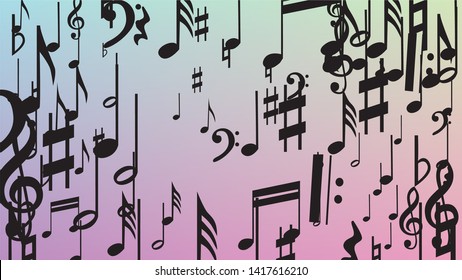 Disco Background. Many Random Falling Notes, Bass and, G Clef. Black Musical Notes Symbol Falling on Hologram Background. Disco Vector Template with Musical Symbols.