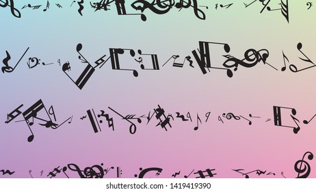 Disco Background. Many Random Falling Notes, Bass and, G Clef. Black Musical Notes Symbol Falling on Hologram Background. Disco Vector Template with Musical Symbols.