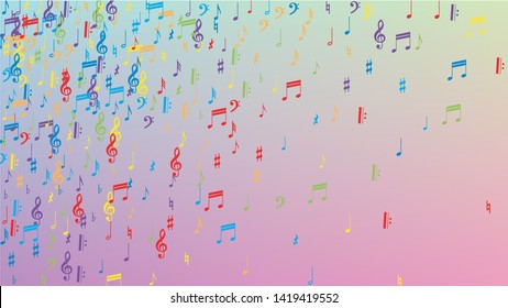 Disco Background. Many Random Falling Notes, Bass and, G Clef. Colorful Musical Notes Symbol Falling on Hologram Background. Disco Vector Template with Musical Symbols.
