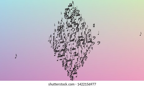 Disco Background. Many Random Falling Notes, Bass and, G Clef. Black Musical Notes Symbol Falling on Hologram Background. Disco Vector Template with Musical Symbols.