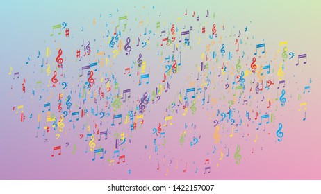 Disco Background. Many Random Falling Notes, Bass and, Treble Clef. Colorful Musical Notes Symbol Falling on Hologram Background. Disco Vector Template with Musical Symbols.