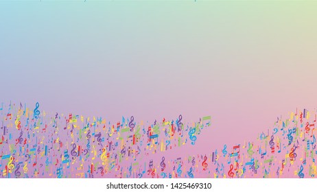 Disco Background. Many Random Falling Notes, Bass and, G Clef. Colorful Musical Notes Symbol Falling on Hologram Background. Disco Vector Template with Musical Symbols.