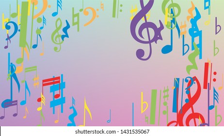 Disco Background. Many Random Falling Notes, Bass and, G Clef. Colorful Musical Notes Symbol Falling on Hologram Background. Disco Vector Template with Musical Symbols.