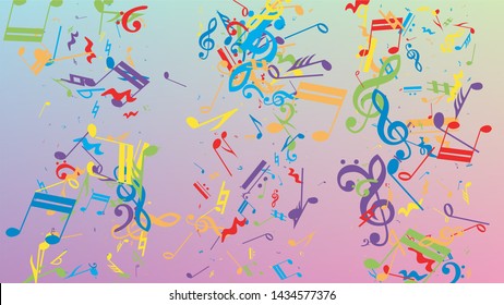 Disco Background. Many Random Falling Notes, Bass and, Treble Clef. Colorful Musical Notes Symbol Falling on Hologram Background. Disco Vector Template with Musical Symbols.