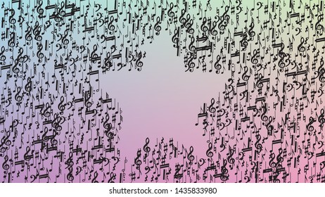 Disco Background. Many Random Falling Notes, Bass and, Treble Clef. Black Musical Notes Symbol Falling on Hologram Background. Disco Vector Template with Musical Symbols.