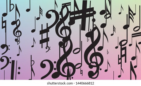 Disco Background. Many Random Falling Notes, Bass and, Treble Clef. Black Musical Notes Symbol Falling on Hologram Background. Disco Vector Template with Musical Symbols.