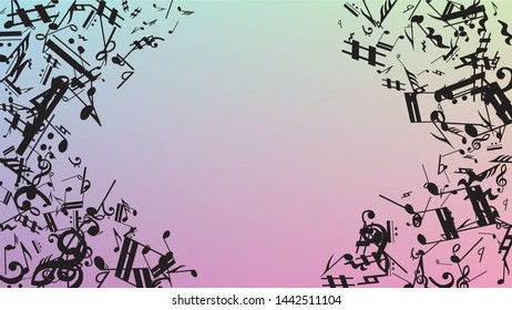 Disco Background. Many Random Falling Notes, Bass and, Treble Clef. Black Musical Notes Symbol Falling on Hologram Background. Disco Vector Template with Musical Symbols.