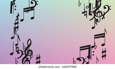 Disco Background. Many Random Falling Notes, Bass and, G Clef. Black Musical Notes Symbol Falling on Hologram Background. Disco Vector Template with Musical Symbols.