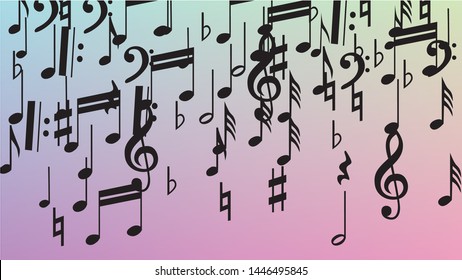 Disco Background. Many Random Falling Notes, Bass and, Treble Clef. Black Musical Notes Symbol Falling on Hologram Background. Disco Vector Template with Musical Symbols.