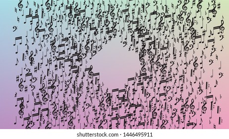 Disco Background. Many Random Falling Notes, Bass and, Treble Clef. Black Musical Notes Symbol Falling on Hologram Background. Disco Vector Template with Musical Symbols.