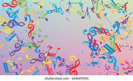 Disco Background. Many Random Falling Notes, Bass and, G Clef. Colorful Musical Notes Symbol Falling on Hologram Background. Disco Vector Template with Musical Symbols.