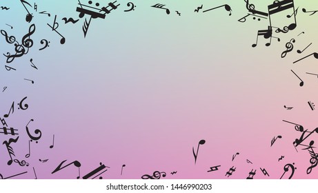 Disco Background. Many Random Falling Notes, Bass and, G Clef. Black Musical Notes Symbol Falling on Hologram Background. Disco Vector Template with Musical Symbols.