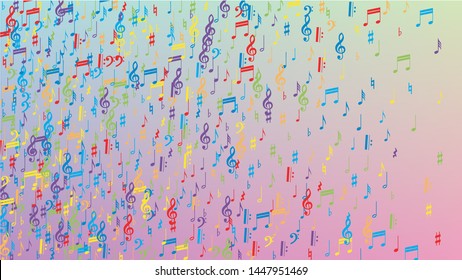 Disco Background. Many Random Falling Notes, Bass and, G Clef. Colorful Musical Notes Symbol Falling on Hologram Background. Disco Vector Template with Musical Symbols.