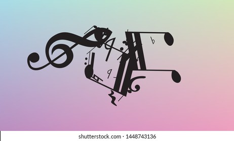 Disco Background. Many Random Falling Notes, Bass and, G Clef. Black Musical Notes Symbol Falling on Hologram Background. Disco Vector Template with Musical Symbols.