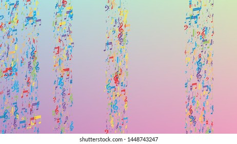 Disco Background. Many Random Falling Notes, Bass and, Treble Clef. Colorful Musical Notes Symbol Falling on Hologram Background. Disco Vector Template with Musical Symbols.