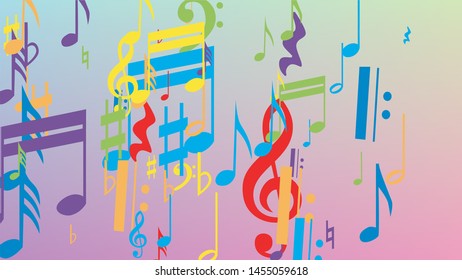 Disco Background. Many Random Falling Notes, Bass and, G Clef. Colorful Musical Notes Symbol Falling on Hologram Background. Disco Vector Template with Musical Symbols.