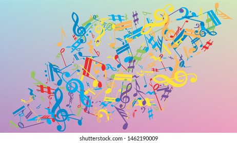 Disco Background. Many Random Falling Notes, Bass and, Treble Clef. Colorful Musical Notes Symbol Falling on Hologram Background. Disco Vector Template with Musical Symbols.