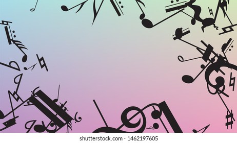 Disco Background. Many Random Falling Notes, Bass and, G Clef. Black Musical Notes Symbol Falling on Hologram Background. Disco Vector Template with Musical Symbols.