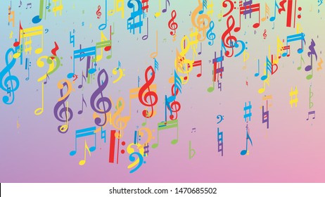 Disco Background. Many Random Falling Notes, Bass and, G Clef. Colorful Musical Notes Symbol Falling on Hologram Background. Disco Vector Template with Musical Symbols.