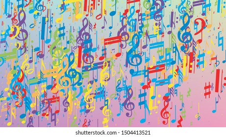 Disco Background. Many Random Falling Notes, Bass and, Treble Clef. Colorful Musical Notes Symbol Falling on Hologram Background. Disco Vector Template with Musical Symbols.