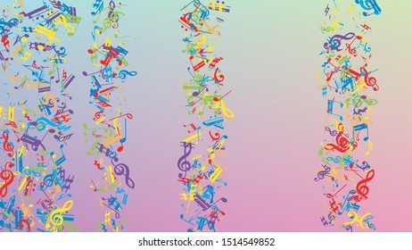 Disco Background. Many Random Falling Notes, Bass and, G Clef. Colorful Musical Notes Symbol Falling on Hologram Background. Disco Vector Template with Musical Symbols.