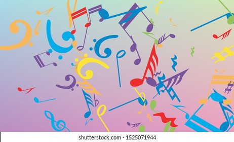 Disco Background. Many Random Falling Notes, Bass and, G Clef. Colorful Musical Notes Symbol Falling on Hologram Background. Disco Vector Template with Musical Symbols.