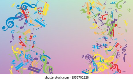 Disco Background. Many Random Falling Notes, Bass and, Treble Clef. Colorful Musical Notes Symbol Falling on Hologram Background. Disco Vector Template with Musical Symbols.